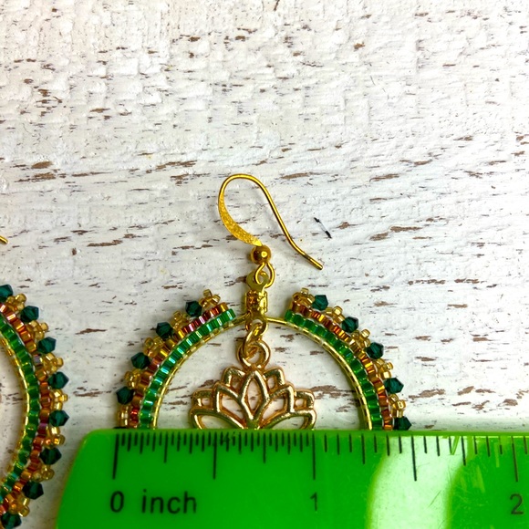 Boho Lotus Flower Green Hoop Beaded Earrings - Picture 4 of 8